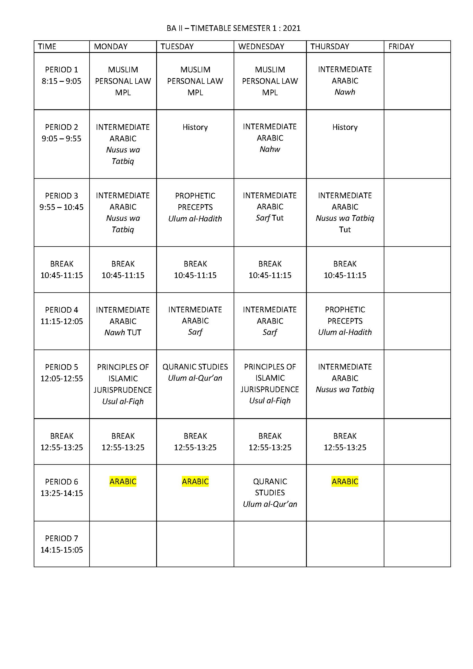 BA II Timetable Semester 1 2021