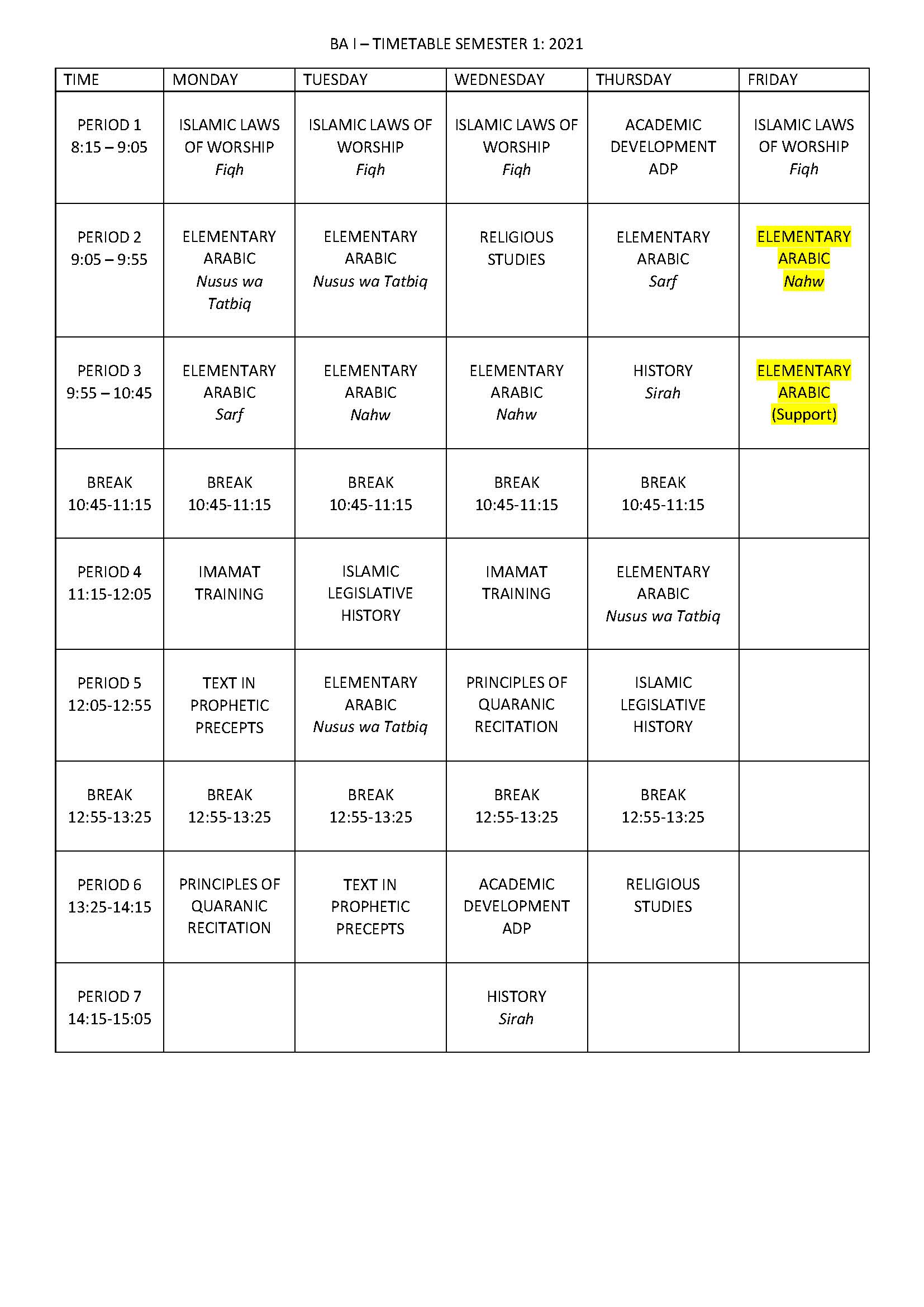 BA I Timetable Semester 1 2021