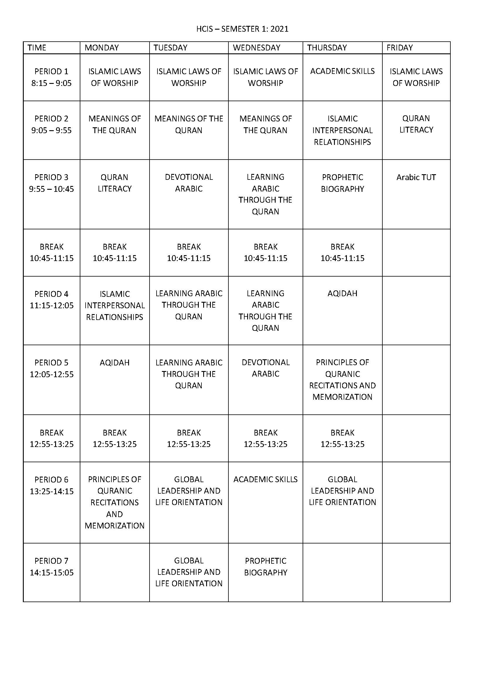HCIS Timetable Semester 1 2021